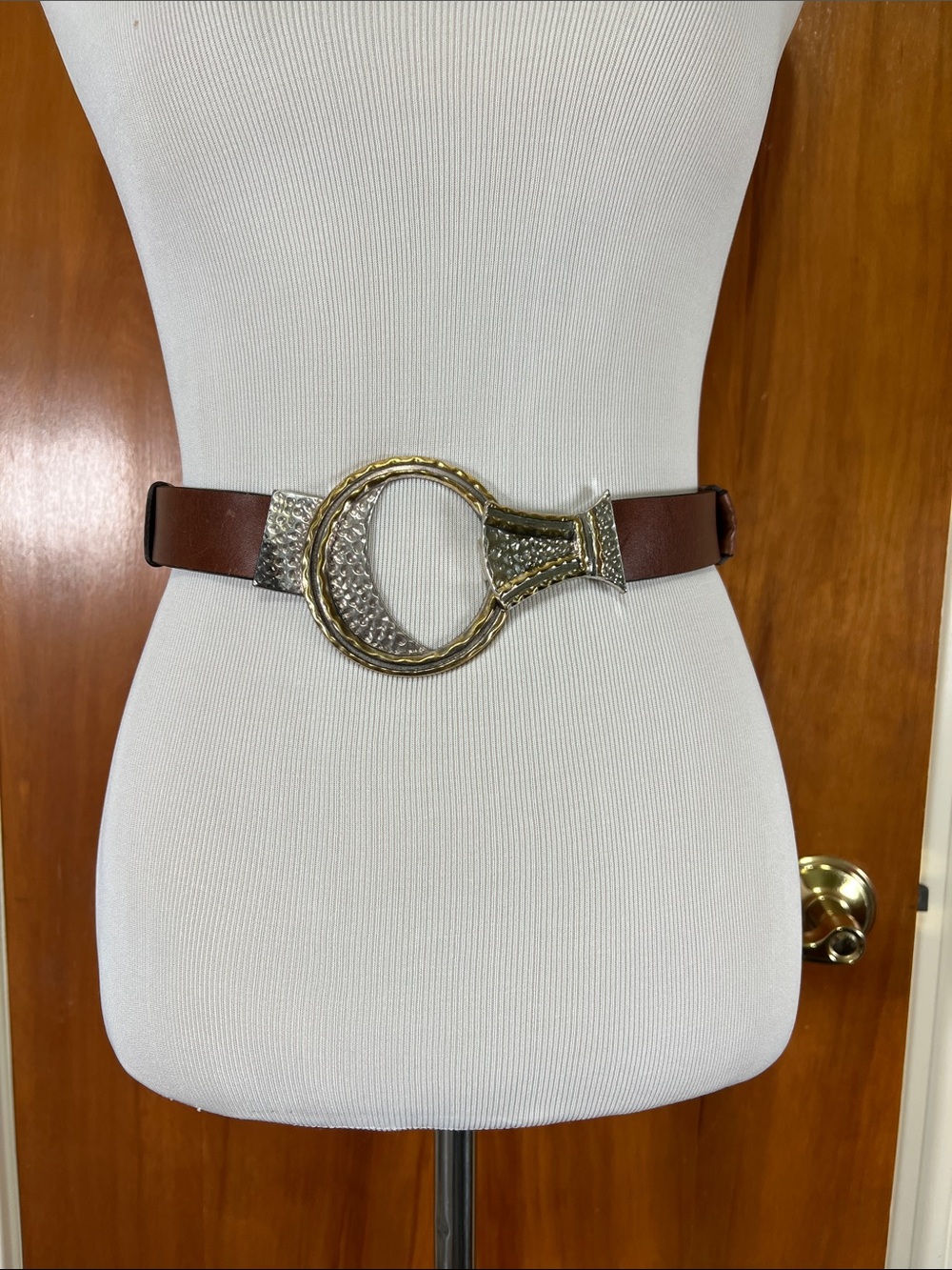 Chico's Adjustable Brown Leather Belt with Gold and Silver Ring Buckle